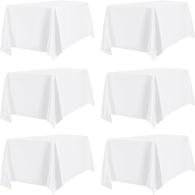 PureFit 6 Pack Rectangle White Table Cloths 90 x 132 Inch for 8Ft Tables, Stain and Wrinkle Resistant Table Linens for Home Use, Wedding, Party, Banquet and Camping