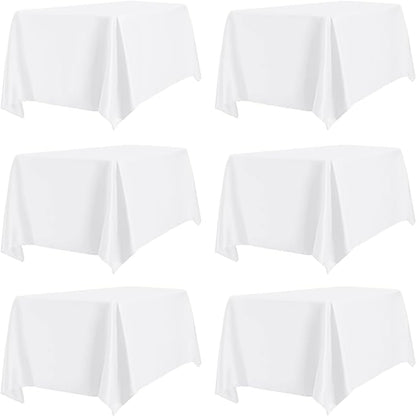 PureFit 6 Pack Rectangle White Table Cloths 90 x 132 Inch for 8Ft Tables, Stain and Wrinkle Resistant Table Linens for Home Use, Wedding, Party, Banquet and Camping
