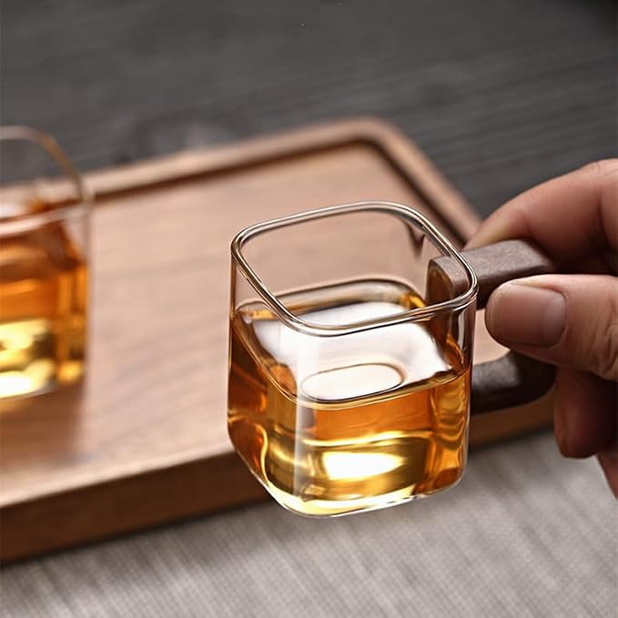 Square Glass Cups with Wooden Handle, Transparent Tea Glasses - Image 4