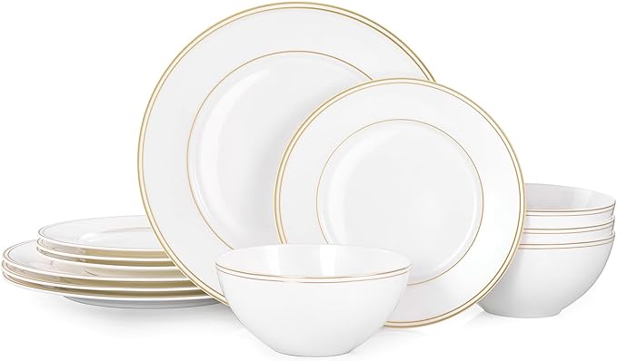 12Pcs Gold Trim White Bone China Set, Service by KINGSTONE