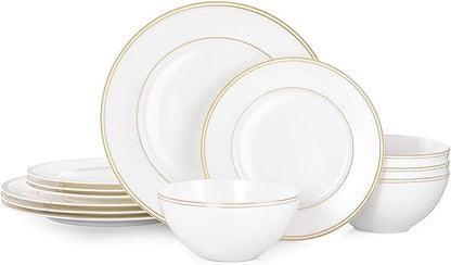 12Pcs Gold Trim White Bone China Set, Service by KINGSTONE