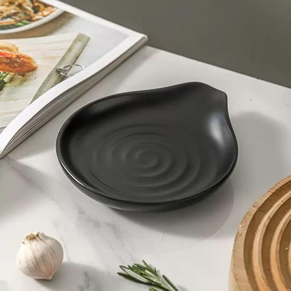 6-Inch Ceramic Spoon Rest - Heat Resistant, Non-Slip for Kitchen Utensils, Spoon Holder Stovetop, Dishwasher Safe - Elegant Spiral Design Black, Housewarming Gift