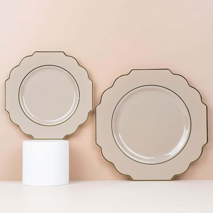 Taupe Hard Plastic Dessert Plates, 50 Pack 8" Disposable Round Baroque Plates - Image 7