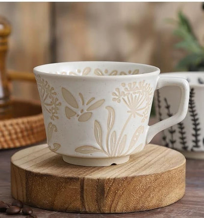 12 Ounce Ceramic Mug Set of 3 Embossed Leaf Ceramic Coffee Mugs, Vintage - Image 4