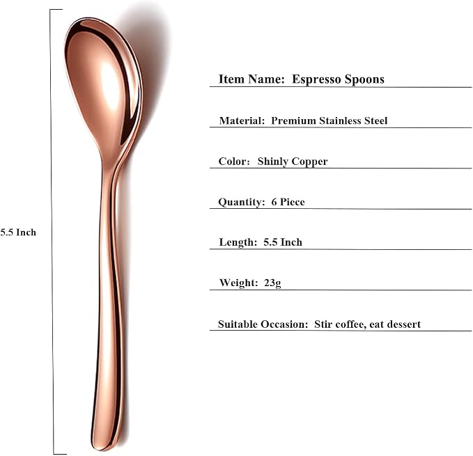 Copper Demitasse Espresso Spoons, 5.5'' Mini Coffee Spoons, Dishwasher Safe - Image 2