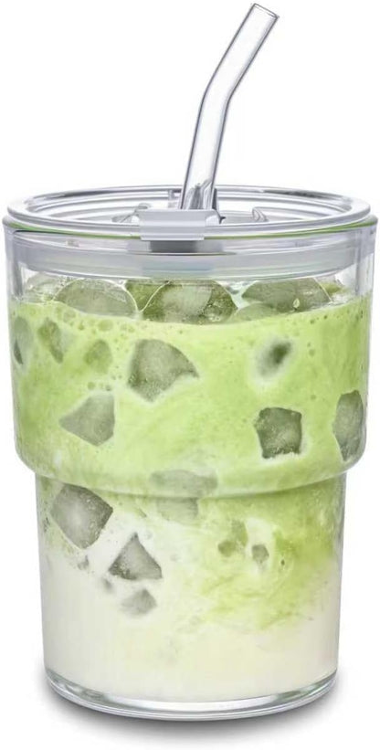 13oz Glass Tumbler with Straw and Lid Sealed, Carry On Reusable Iced Coffee Cups by MINGHYZYA