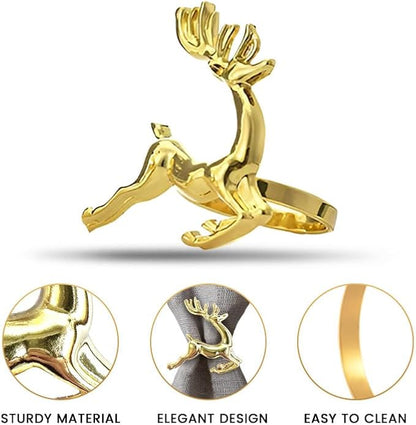 Decozen Set of 12 Gold Napkin Rings in Stag Design Festive Table Decor Setting for Holiday Wedding, Birthday, Kitchen, Home Decor Housewarming Gift - Thanksgiving & Christmas Gift Decoration