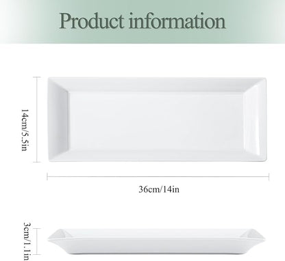 14" Rectangular Platters Set of 4, White Ceramic Platters, Large Serving Plates for Party, Entertaining, Wedding, Rectangle Serving Dishes for Steak, Sushi, Appetizer, Oven Dishwasher Safe