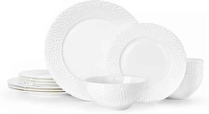 12Pcs Hammered Rim White Bone China Set, Service by KINGSTONE