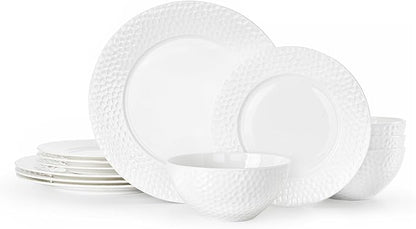 12Pcs Hammered Rim White Bone China Set, Service by KINGSTONE