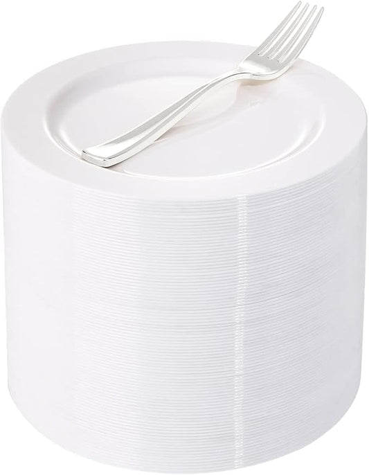 WELLIFE 100 Pieces White Plastic Dessert Plates with 100pcs Silver Disposable Forks, Premium Hard Salad Plate 7.5”, Appetizer Plastic Plates for Wedding, Party