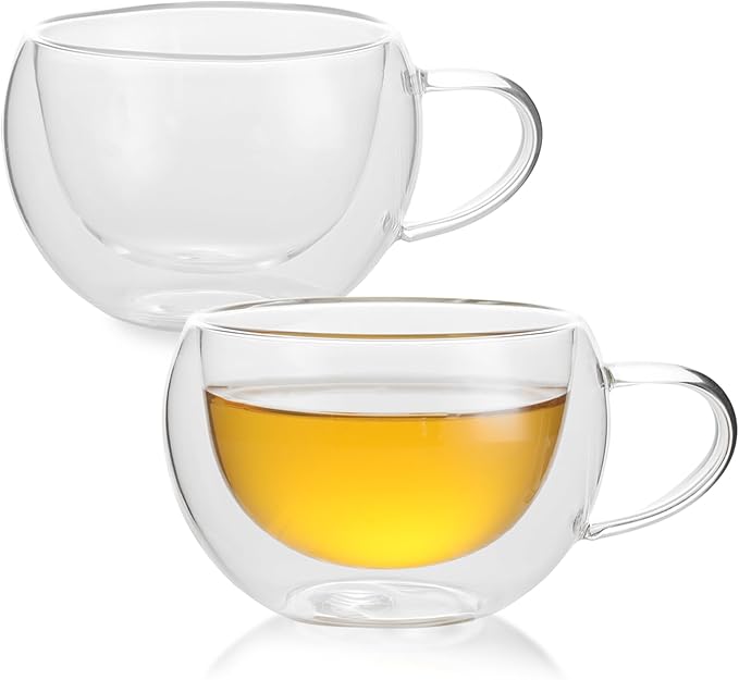 Double Wall Insulated Glass Tea Cups Set of 2, Glass Teacups Coffee Mugs by GURUDAR