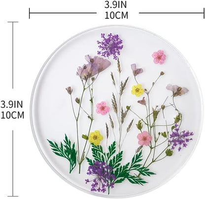 Drink Coasters Flower Cup Mat-Epoxy Resin Coasters with Colorful Natural Floral Reusable Round Kitchen Utensils for Dining Cups (Set of 4) (4, BD0001)