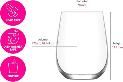 LAV Stemless Red & White Wine Glasses Tumbler Set of 4 - Drinking Glassware for Water Champagne Martini Mimosa Prosecco Cocktail Sangria - Short 16 oz No Stem Glasses Dishwasher Safe