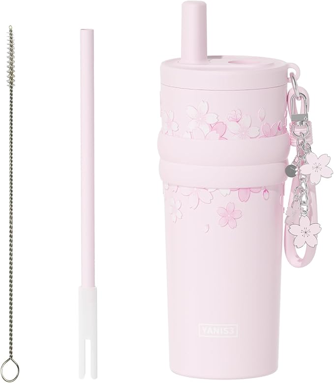 18.5 oz Thermo Cup with Straw, Elegant Cherry Blossom Embossed Design, Vacuum by Unknown