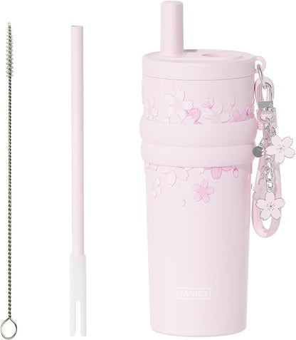 18.5 oz Thermo Cup with Straw, Elegant Cherry Blossom Embossed Design, Vacuum by Unknown