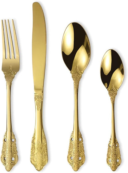 Vintage Gold Silverware Flatware Set for 8, European Classic Style 32 Pieces Stainless Steel Tableware Cutlery Set,Fine Kitchen Utensils for Wedding Restaurant Hotel Christmas