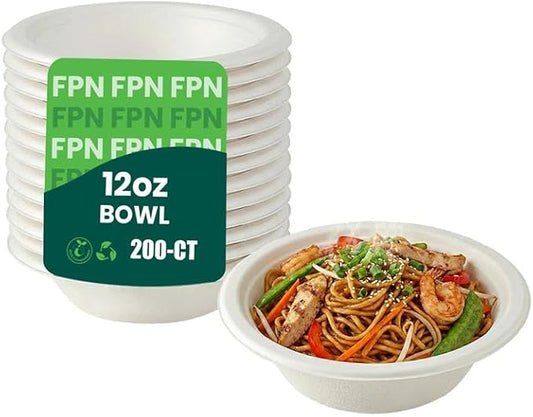 Disposable Paper Bowls 200 Pack 12 oz, Heavy-Duty Compostable, Eco-Friendly, Bagasse Bowl for Soup, Salad, Dessert & More