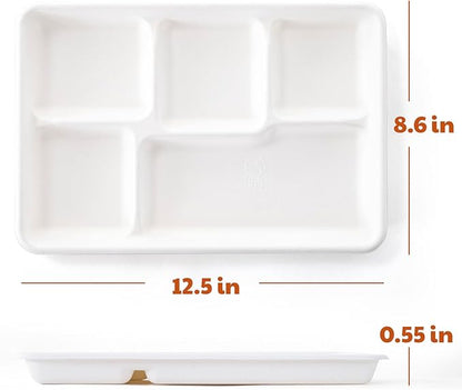 Compostable 5-Compartment Paper Plates, 100 Count, 12.5 x 8.6 inch, Disposable Divided Lunch Trays, Biodegradable Bagasse Sectional Plates for Buffet, Parties, Events & Daily Use, (White)