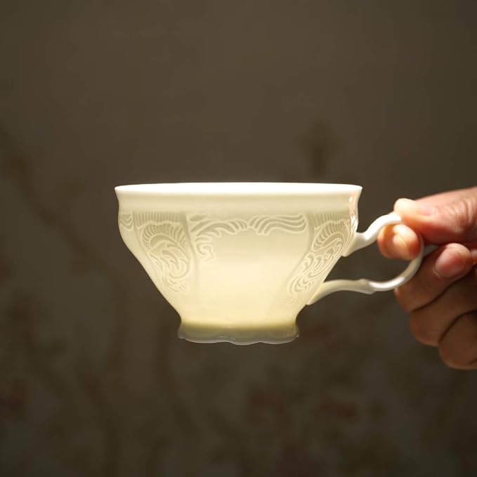 White Fine Porcelain 7 Oz Teacup Saucer Set, Sculpture Surface, Light Weight - Image 5