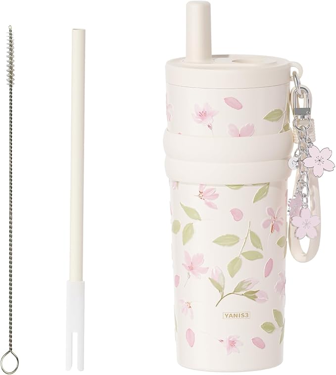 18.5 oz Thermo Cup with Straw, Floral Embossed Designed Car Cup, Vacuum by Unknown