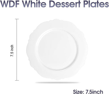 WDF 60pcs White Plastic Dessert Plates -7.5inch Baroque White Disposable Appetizer/Small Cake/Salad Plates- for Upscale Parties & Wedding
