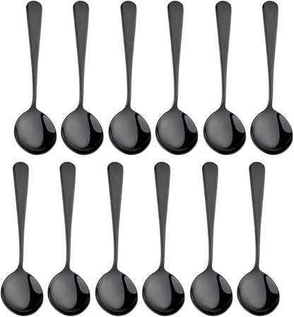 Broth Round Spoon Set, 12 Piece Reusable Stainless Steel Dinner Table Cereal by BISDARUN