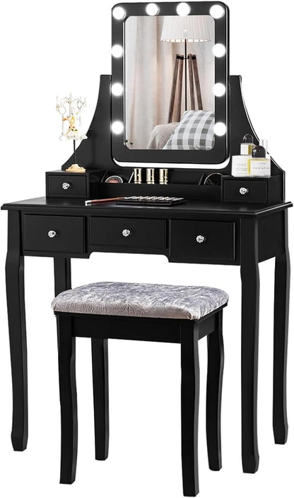 DORTALA Vanity Table Set w/ 360-Degree Rectangular Mirror & Cushioned Stool, Makeup Table w/ 10 LED Dimmable Bulbs, Bedroom Wood Dressing Table w/ 5 Drawers & Removable Box Organizer, Black