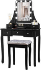 DORTALA Vanity Table Set w/ 360-Degree Rectangular Mirror & Cushioned Stool, Makeup Table w/ 10 LED Dimmable Bulbs, Bedroom Wood Dressing Table w/ 5 Drawers & Removable Box Organizer, Black