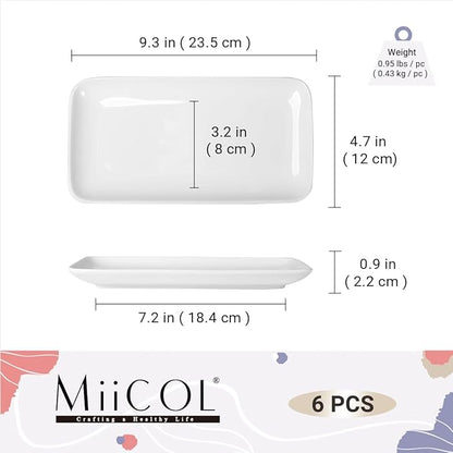 Miicol Small Platters Set of 6, Ceramic Rectangle Plates 9 Inch, Modern Sushi Plate Set, White Serving Dishes for Serving Food, Appetizer, Dessert, Dinner, Party