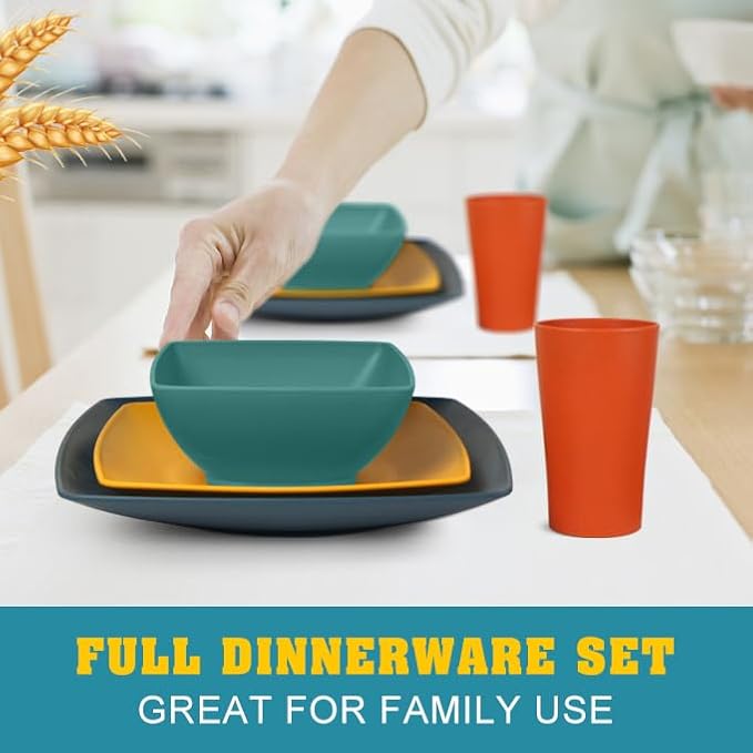 Teivio 16-piece Plastic Wheat Straw Square Dinnerware Set - Image 6