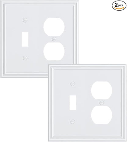 2-Pack Combo Toggle/Duplex Light Switch Cover Plate, Pure White Wall Outlet Cover Plate, Decorative Wall Receptacle Cover for Electrical Outlets, Light Switch, Durable Solid Zinc Alloy