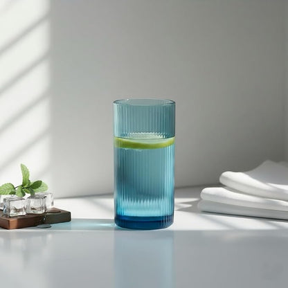 Physkoa Blue Ribbed Drinking Glasses Set of 6 – Vintage Embossed Highball - Image 2