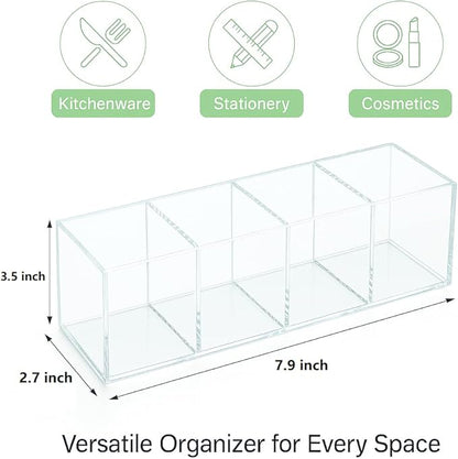 Clear Acrylic 4-Compartment Organizer Box, Small (7.9" × 2.7" × 3.5") – Handcrafted, Eco-Friendly, Minimal Packaging Compact Storage Organizer