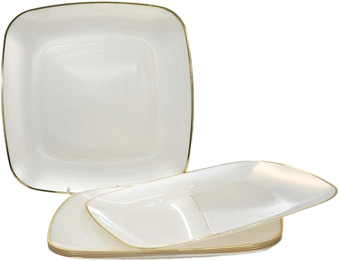 " OCCASIONS " 100 Plates Pack,(50 Guests) Premium Wedding Party Disposable Plastic Plates Set -50 x 10'' Dinner + 50 x 7'' Salad/Dessert (Belize Square in Ivory & Gold)