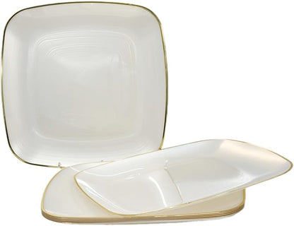 " OCCASIONS " 100 Plates Pack,(50 Guests) Premium Wedding Party Disposable Plastic Plates Set -50 x 10'' Dinner + 50 x 7'' Salad/Dessert (Belize Square in Ivory & Gold)
