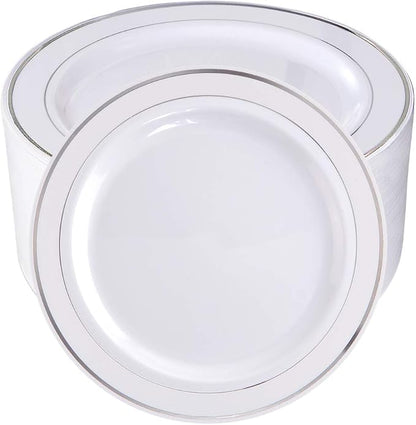 bUCLA 100Pieces Silver Rim Plastic Plates - 7.5inch Silver Salad/Dessert Plates Disposable - Ideal for Weddings, Parties & Christmas