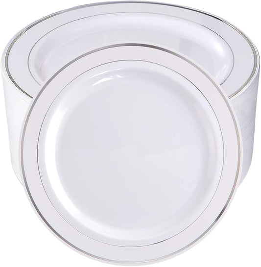 bUCLA 100Pieces Silver Rim Plastic Plates - 7.5inch Silver Salad/Dessert Plates Disposable - Ideal for Weddings, Parties & Christmas