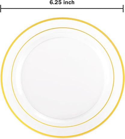 bUCLA 100 Pieces Clear Gold Plastic Plates Disposable - 6.25 Inch Clear Plastic Dessert Plates with Gold Trim for Party, Wedding & Thanksgiving