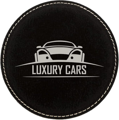 Custom Engraved Coasters | Personalized Leather Coaster | Set of 6 | Drink Coasters with Holder | Laser Engraved | Tabletop Protection | Gift for Couples (Round 4", Black w/Silver)