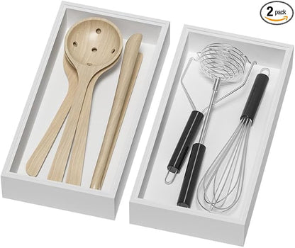 Bamboo Drawer Organizer, Cutlery Silverware Organizer for Kitchen Drawer, Stackable Utensil Organizer, 2 Pcs Flatware Organizer for Drawer, Wooden Storage Box Tray (White, 12 X 6 X 2 Inch)