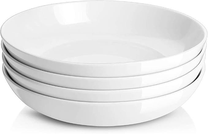 DOWAN 9.75" Pasta Bowls Set of 4, Large Shallow White Ceramic Salad Bowls by DOWAN