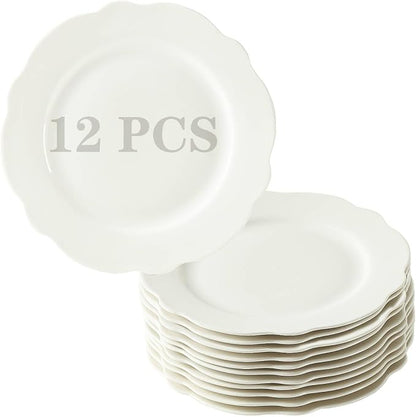 TAMAYKIM 7.5 Inch Porcelain Dessert Plates, Set of 12 - White Lotus Shape with Wavy Rim - Stackable Salad, Bread, Appetizer Serving Dishes, Scratch Resistant, Microwave Oven & Dishwasher Safe