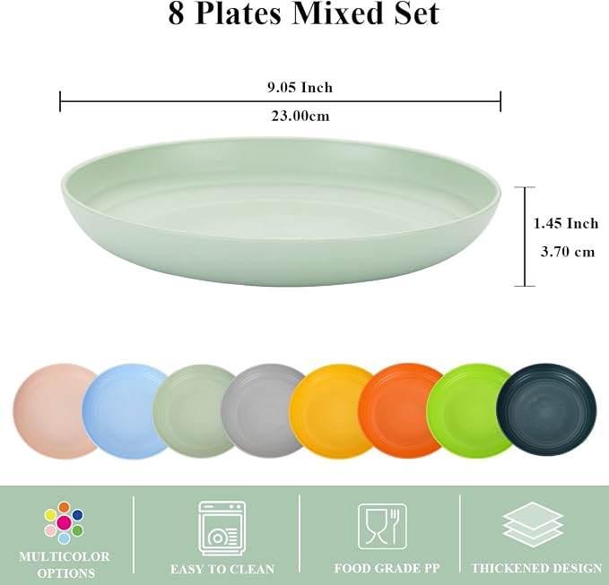 Berglander 9 Inch Plastic Deep Dinner Plates Set of 8 Colors, Reusable and - Image 2