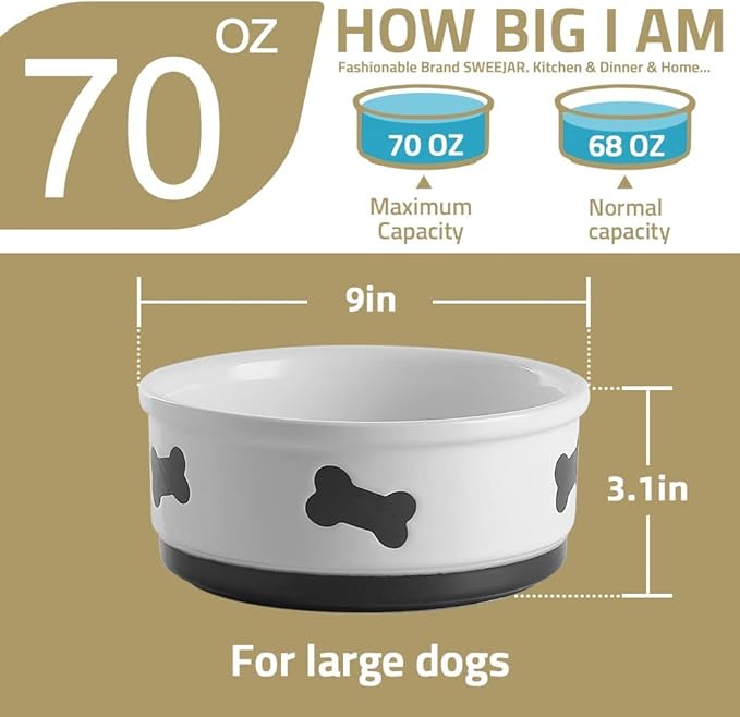 Sweejar Ceramic Dog Bowls with Bone Pattern, Dog Food Dish for Large Dogs, Porcelain Pet Bowl for Water 70 Fl Oz (White)