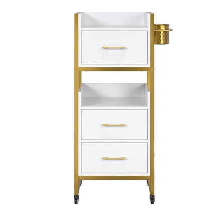 OmySalon Salon Trolley Cart, Hair Styling Station with 3 Drawers, 2 Open Shelf & Tool Holders, Mobile Barber Storage Cabinet Utility Trolley for Beauty Salon Spa,White