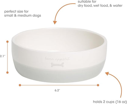 Pearhead Ceramic Bone Appétit Dog Bowl, Holds 2 Cups, Stoneware Food and Water Dish, Grey and White Pet Feeder, Small/Medium