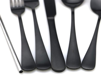 JASHII Modern Royal 5 Pcs Matte Black 18/10 Stainless Steel Utensils Cutlery Dinnerware Set w/Drinking Straw, Knife Fork and Spoon Flatware Set for Wedding Festival Christmas Party Service for 1