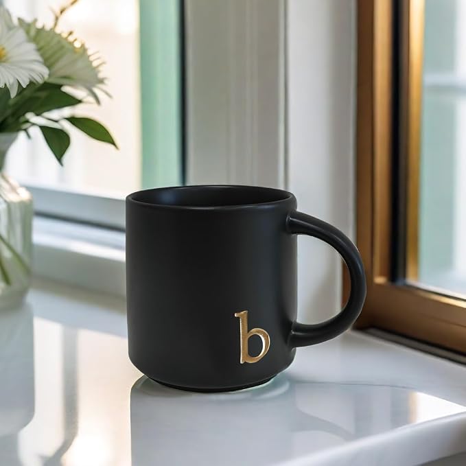 COLLECTIVE HOME Black Ceramic Coffee Mug, 15 oz Golden Monogram Tea Cup | - Image 6