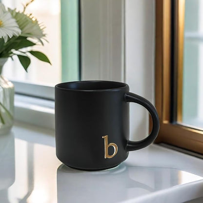 COLLECTIVE HOME Black Ceramic Coffee Mug, 15 oz Golden Monogram Tea Cup | - Image 6